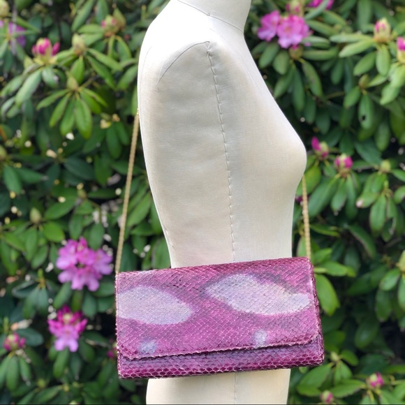 Vtg Purple Python Snakeskin Gold Chain Clutch Bag - Picture 3 of 17